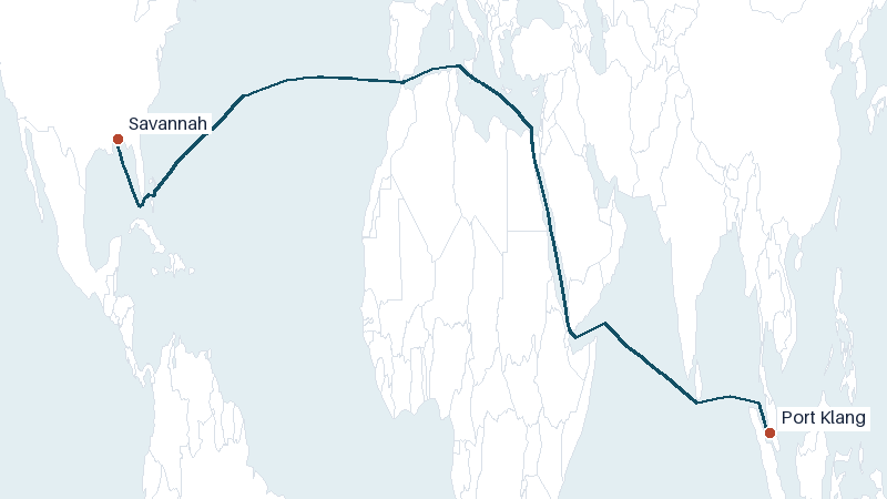 Sea route map from Port Klang to Savannah &mdash; 11302 nautical miles