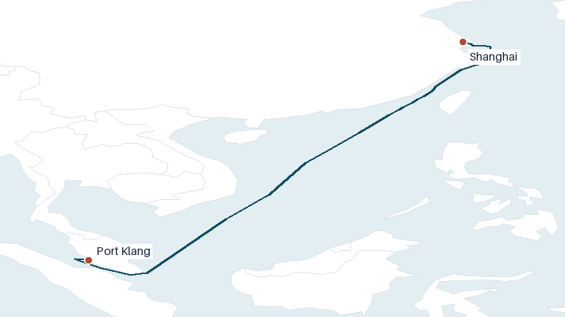 Sea route map from Port Klang to Shanghai &mdash; 2493 nautical miles