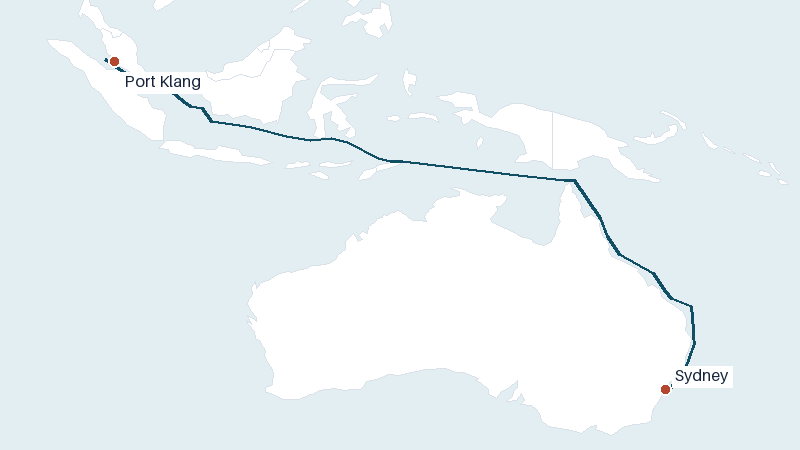Sea route map from Port Klang to Sydney &mdash; 4502 nautical miles