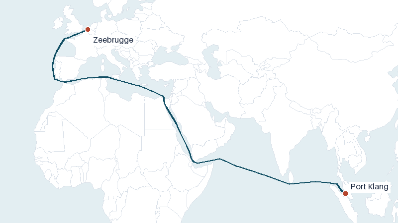 Sea route map from Port Klang to Zeebrugge &mdash; 8138 nautical miles