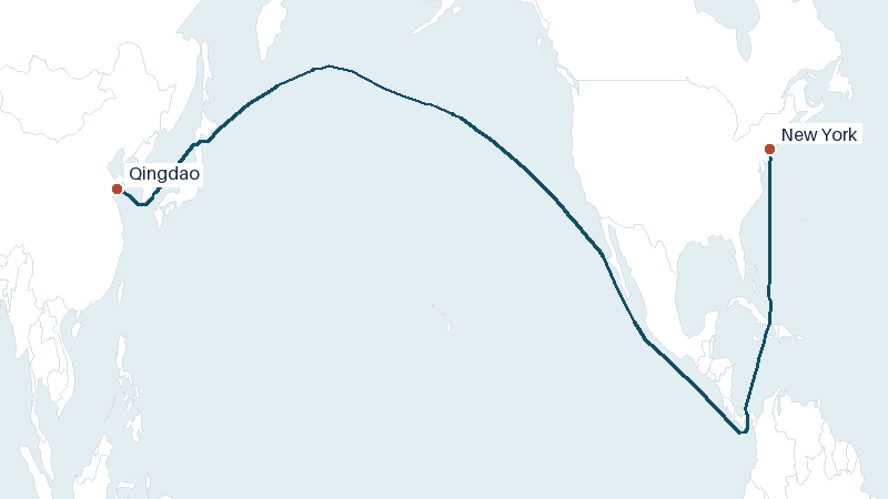 Sea route map from Qingdao to New York &mdash; 10692 nautical miles