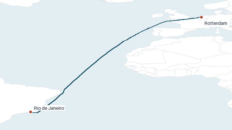 Sea route map from Rio de Janeiro to Rotterdam &mdash; 5306 nautical miles