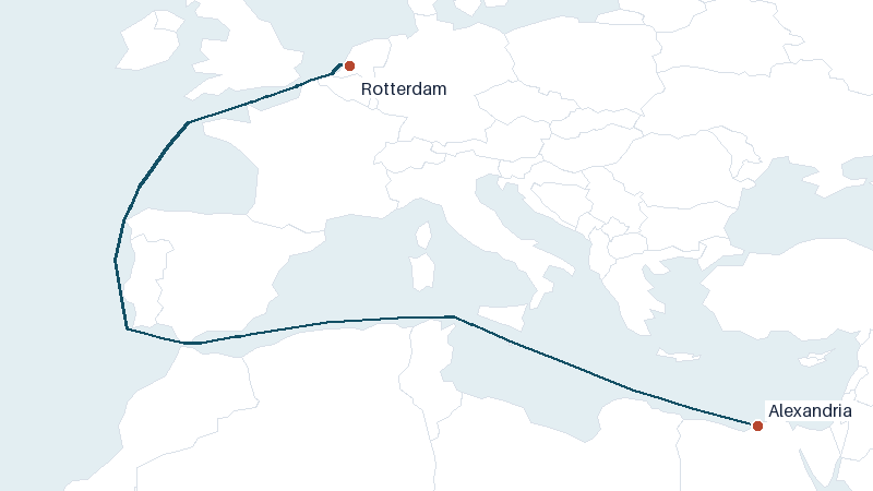Sea route map from Rotterdam to Alexandria &mdash; 3196 nautical miles