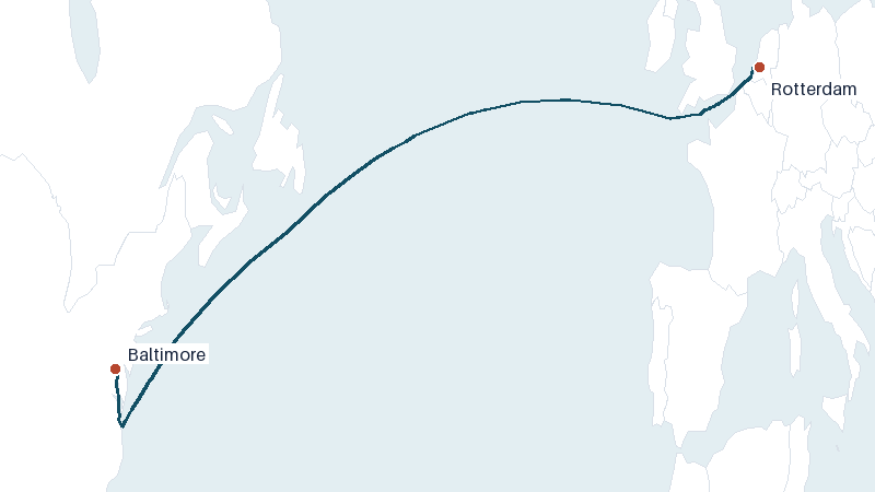 Sea route map from Rotterdam to Baltimore &mdash; 3637 nautical miles