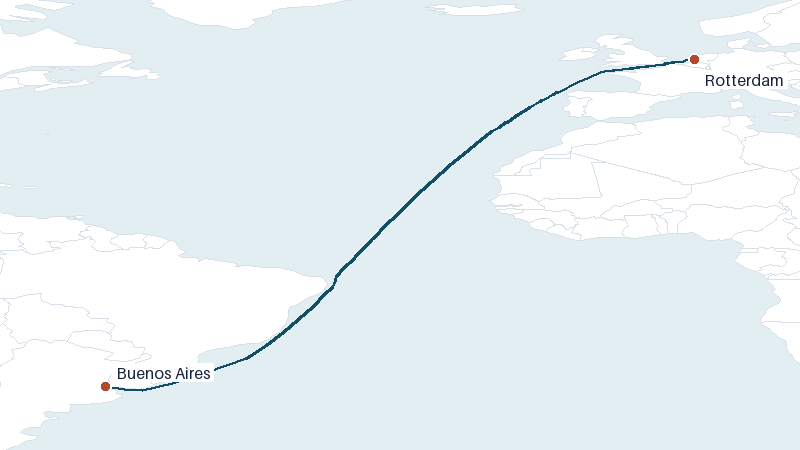 Sea route map from Rotterdam to Buenos Aires &mdash; 6390 nautical miles