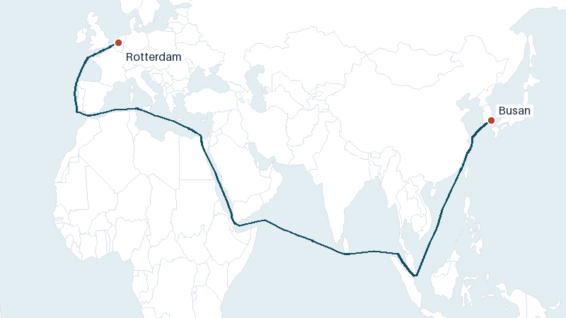 Sea route map from Rotterdam to Busan &mdash; 10914 nautical miles
