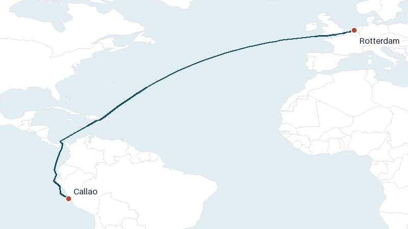 Sea route map from Rotterdam to Callao &mdash; 6243 nautical miles