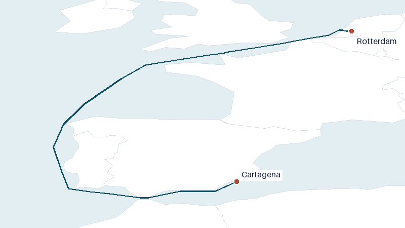 Sea route map from Rotterdam to Cartagena &mdash; 1635 nautical miles