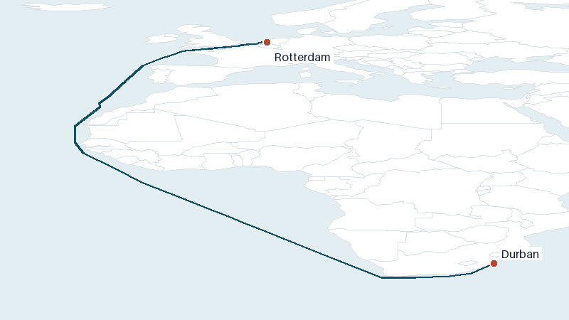 Sea route map from Rotterdam to Durban &mdash; 7033 nautical miles