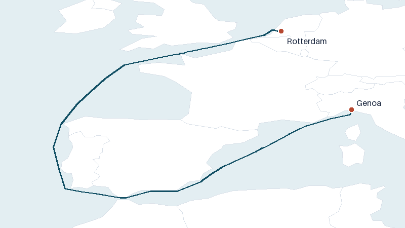 Sea route map from Rotterdam to Genoa &mdash; 2262 nautical miles