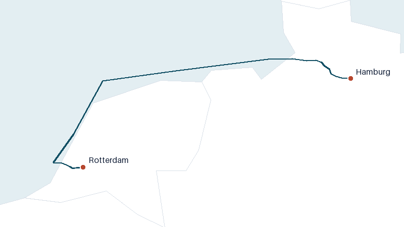 Sea route map from Rotterdam to Hamburg &mdash; 312 nautical miles