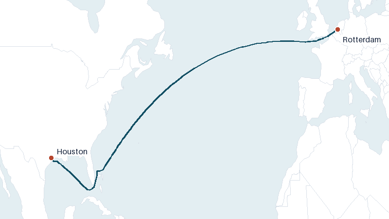 Sea route map from Rotterdam to Houston &mdash; 5064 nautical miles