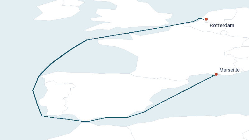 Sea route map from Rotterdam to Marseille &mdash; 2096 nautical miles