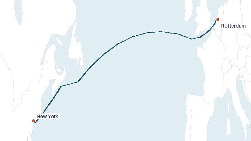 Sea route map from Rotterdam to New York &mdash; 3326 nautical miles