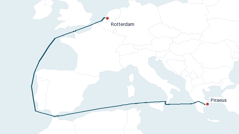 Sea route map from Rotterdam to Piraeus &mdash; 2834 nautical miles