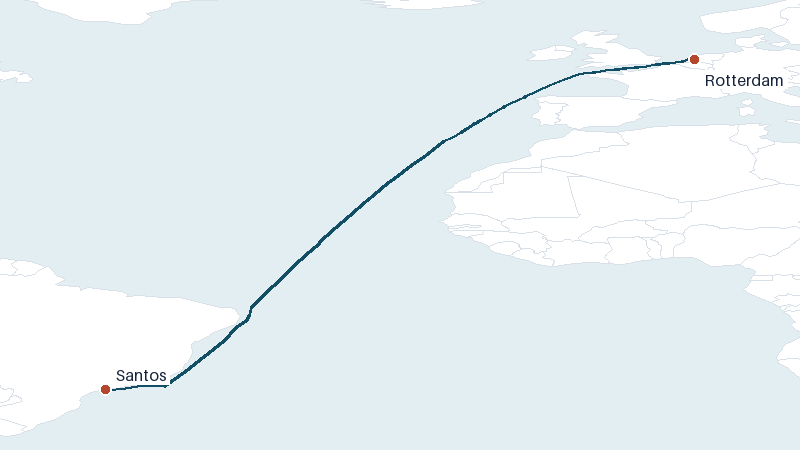 Sea route map from Rotterdam to Santos &mdash; 5499 nautical miles