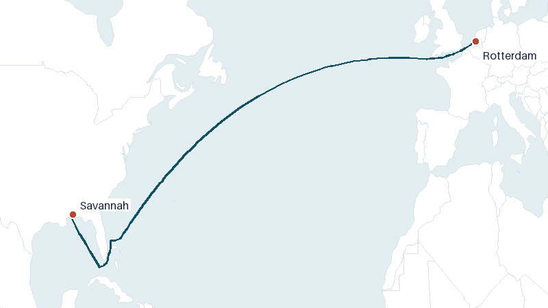 Sea route map from Rotterdam to Savannah &mdash; 4786 nautical miles