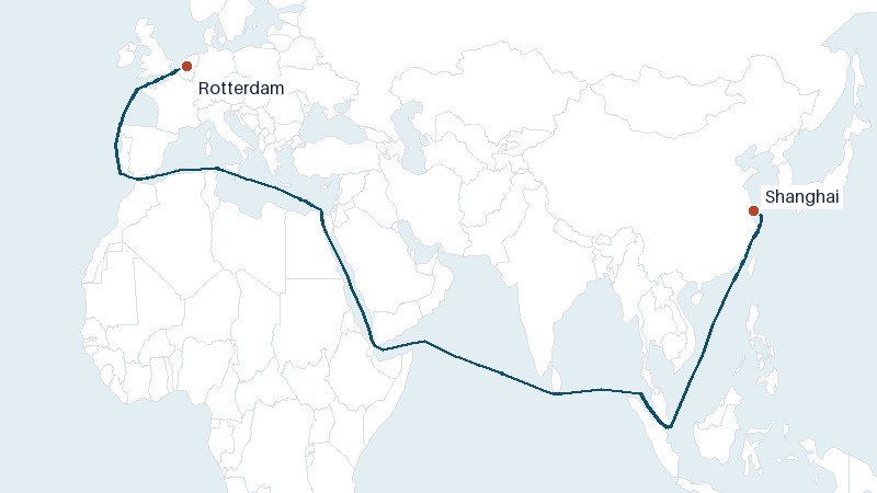 Sea route map from Rotterdam to Shanghai &mdash; 10591 nautical miles