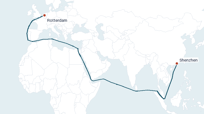 Sea route map from Rotterdam to Shenzhen &mdash; 9837 nautical miles