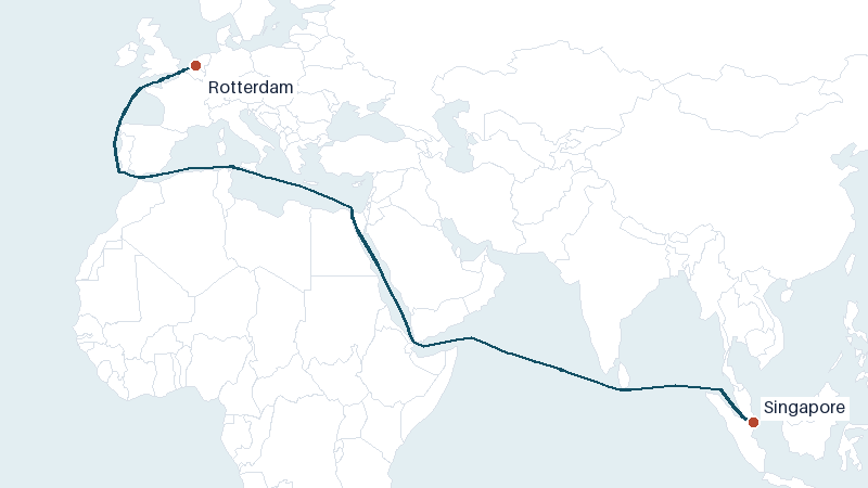 Sea route map from Rotterdam to Singapore &mdash; 8383 nautical miles