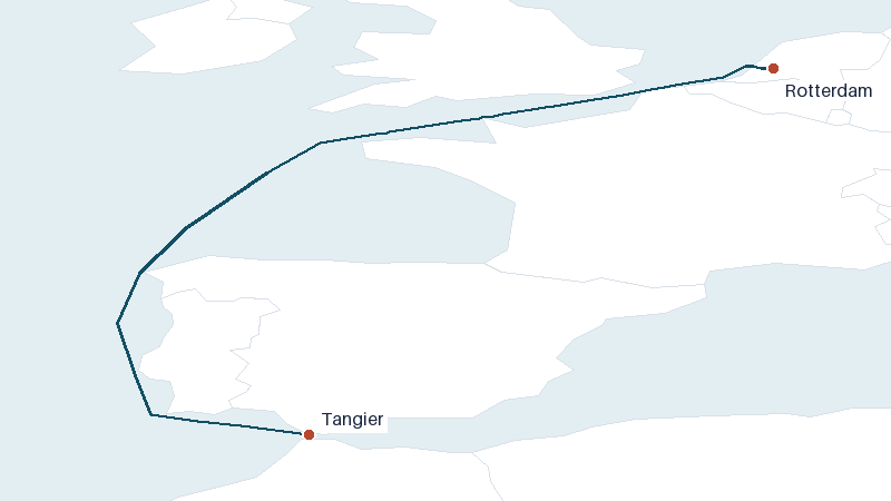Sea route map from Rotterdam to Tangier &mdash; 1376 nautical miles