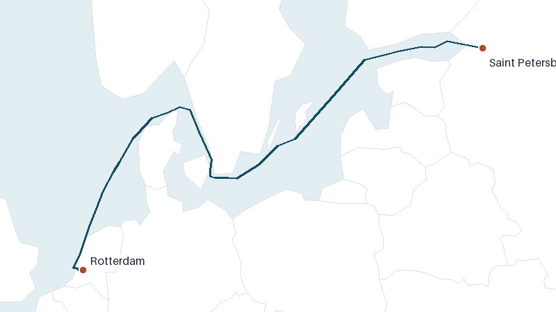 Sea route map from Saint Petersburg to Rotterdam &mdash; 1304 nautical miles