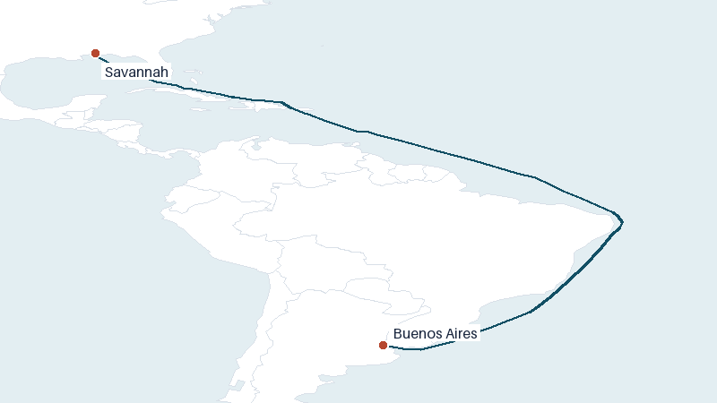 Sea route map from Savannah to Buenos Aires &mdash; 6237 nautical miles