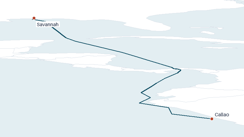 Sea route map from Savannah to Callao &mdash; 2800 nautical miles