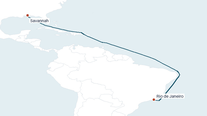 Sea route map from Savannah to Rio de Janeiro &mdash; 5154 nautical miles