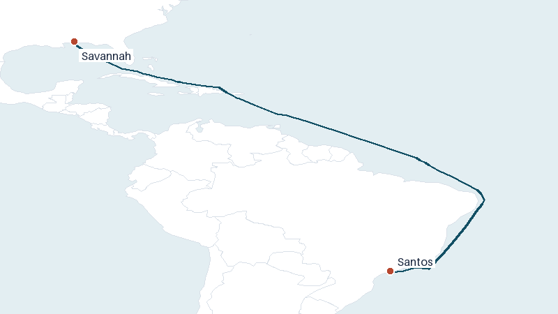 Sea route map from Savannah to Santos &mdash; 5347 nautical miles