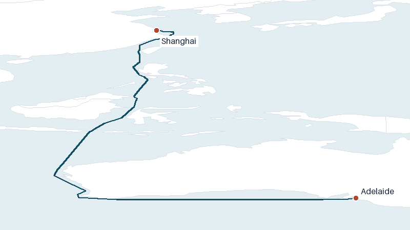 Sea route map from Shanghai to Adelaide &mdash; 5370 nautical miles