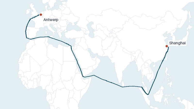 Sea route map from Shanghai to Antwerp &mdash; 10569 nautical miles
