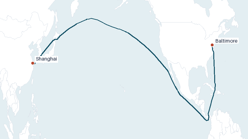 Sea route map from Shanghai to Baltimore &mdash; 10618 nautical miles