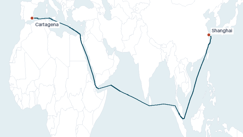 Sea route map from Shanghai to Cartagena &mdash; 8987 nautical miles
