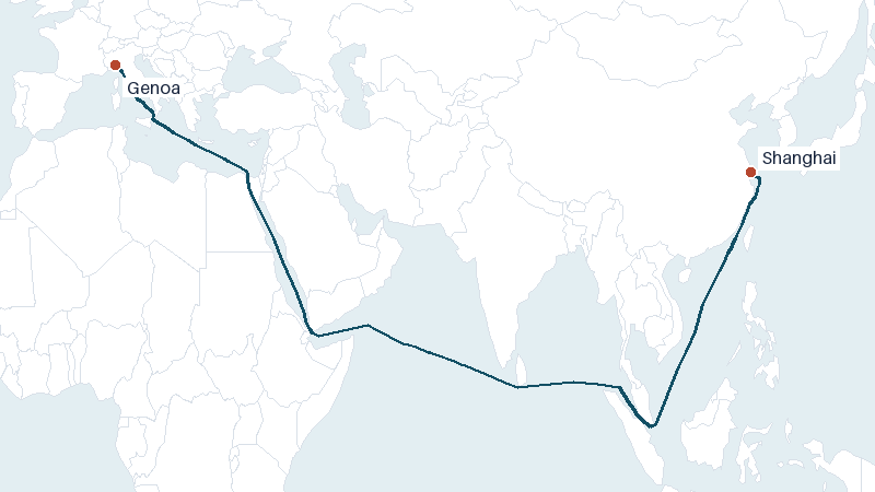 Sea route map from Shanghai to Genoa &mdash; 8719 nautical miles