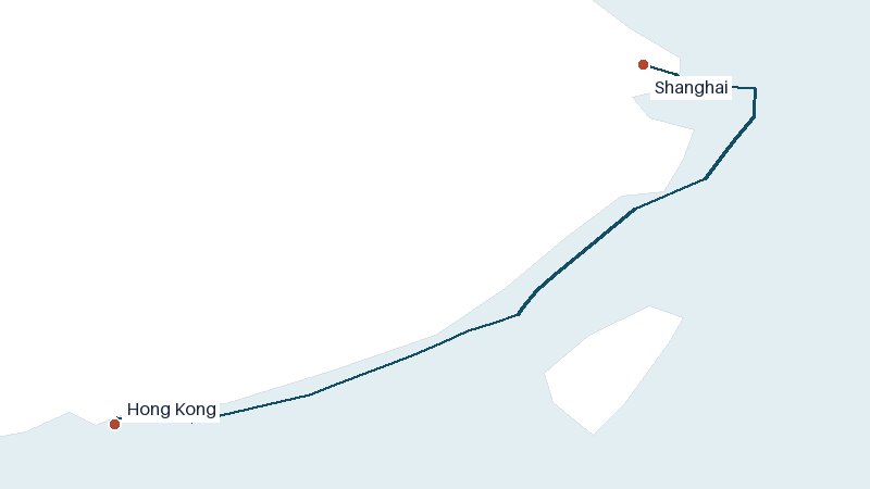 Sea route map from Shanghai to Hong Kong &mdash; 844 nautical miles