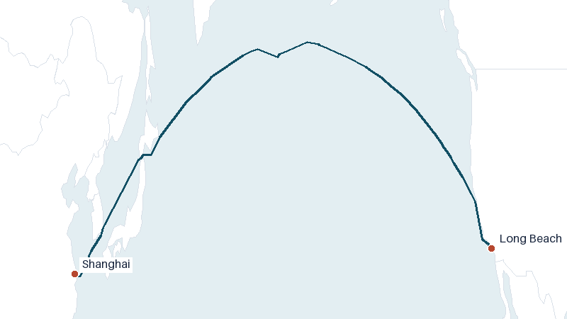 Sea route map from Shanghai to Long Beach &mdash; 5764 nautical miles