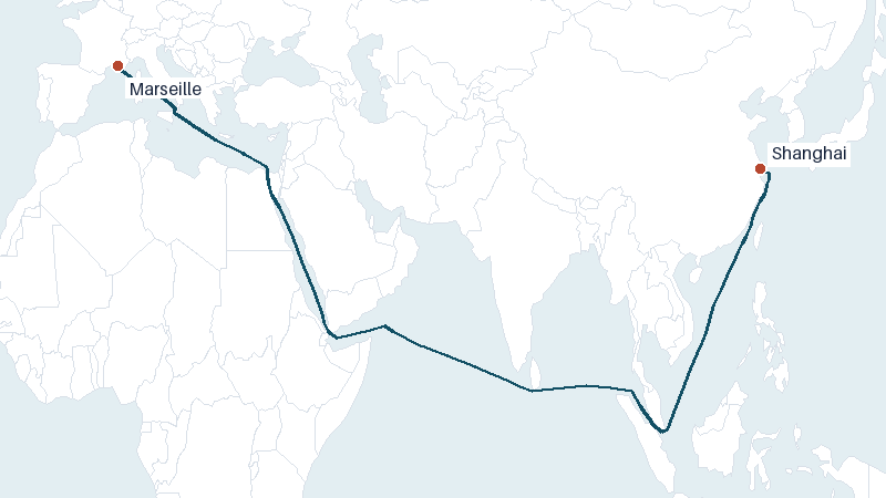 Sea route map from Shanghai to Marseille &mdash; 8821 nautical miles