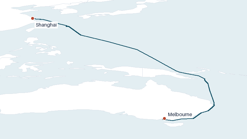 Sea route map from Shanghai to Melbourne &mdash; 5201 nautical miles