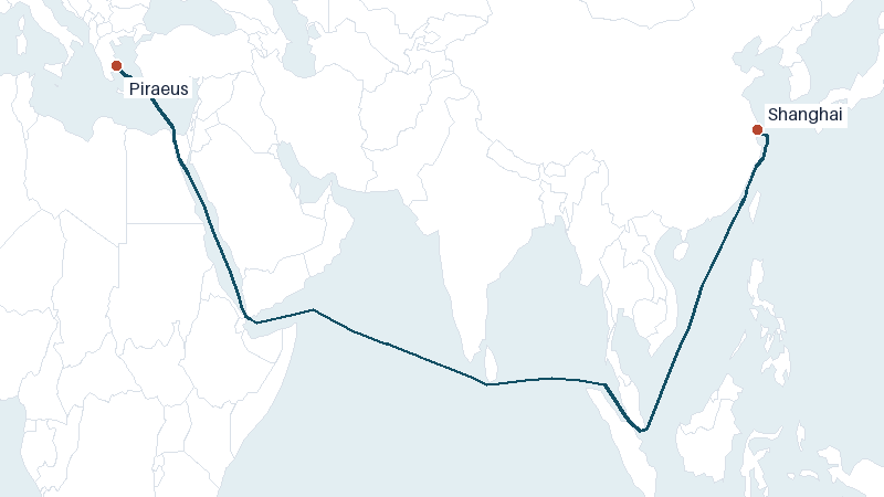 Sea route map from Shanghai to Piraeus &mdash; 7877 nautical miles