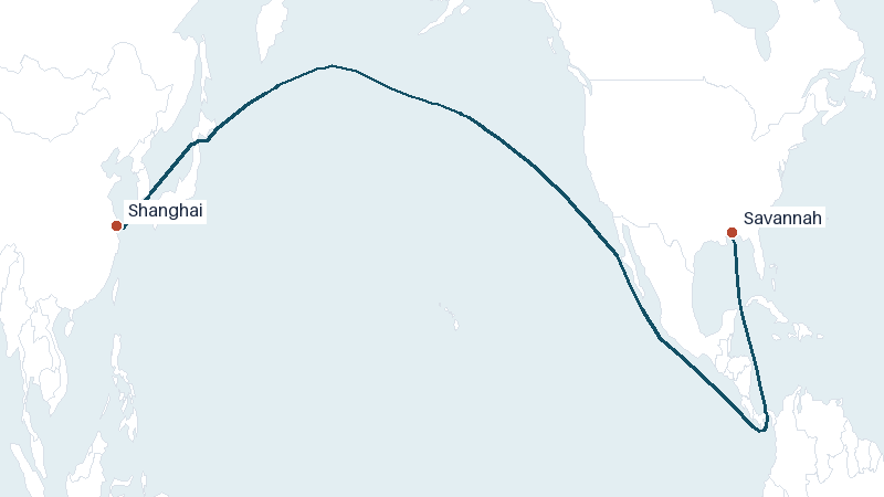 Sea route map from Shanghai to Savannah &mdash; 10067 nautical miles
