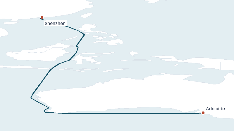 Sea route map from Shenzhen to Adelaide &mdash; 4848 nautical miles