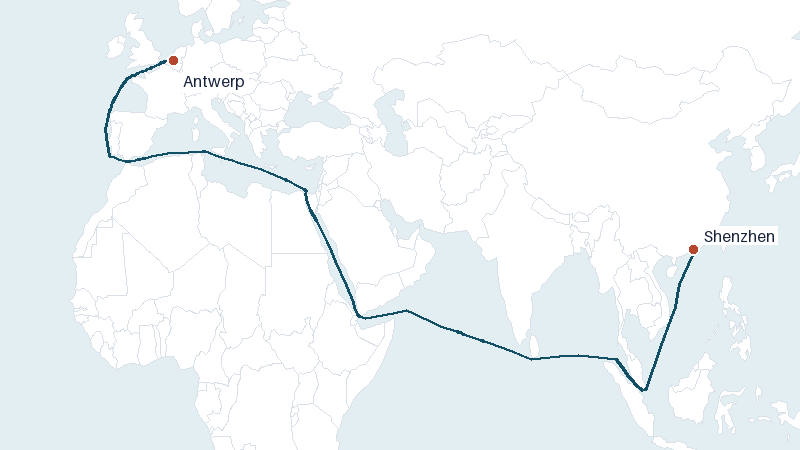 Sea route map from Shenzhen to Antwerp &mdash; 9816 nautical miles