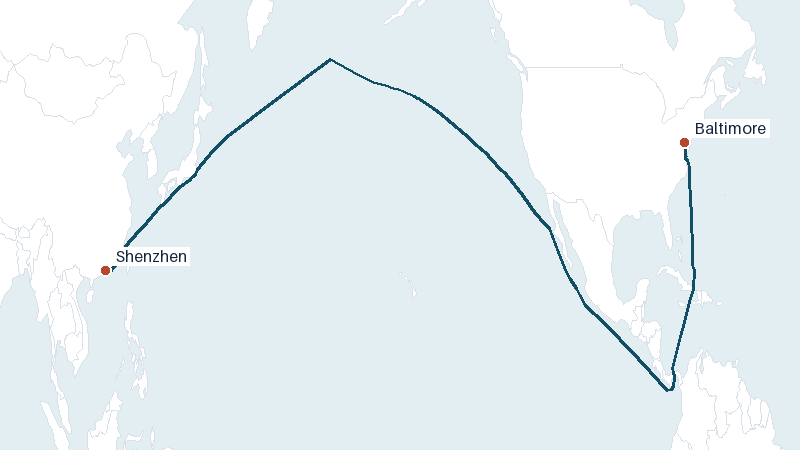 Sea route map from Shenzhen to Baltimore &mdash; 11295 nautical miles