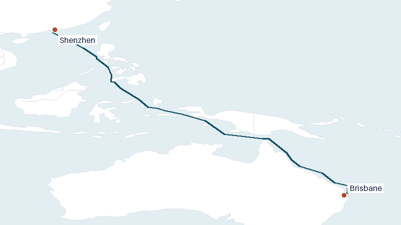 Sea route map from Shenzhen to Brisbane &mdash; 4079 nautical miles