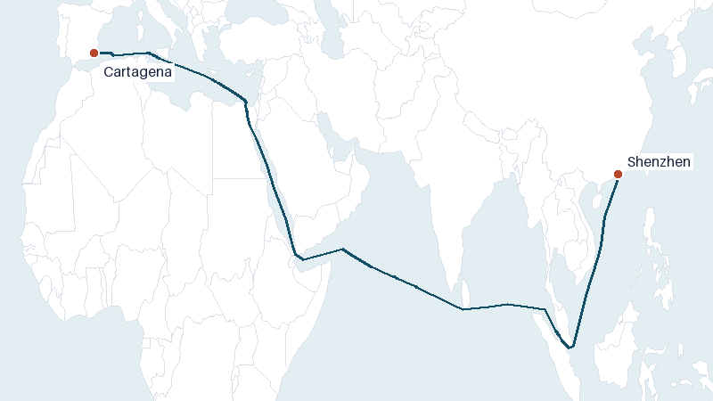 Sea route map from Shenzhen to Cartagena &mdash; 8234 nautical miles