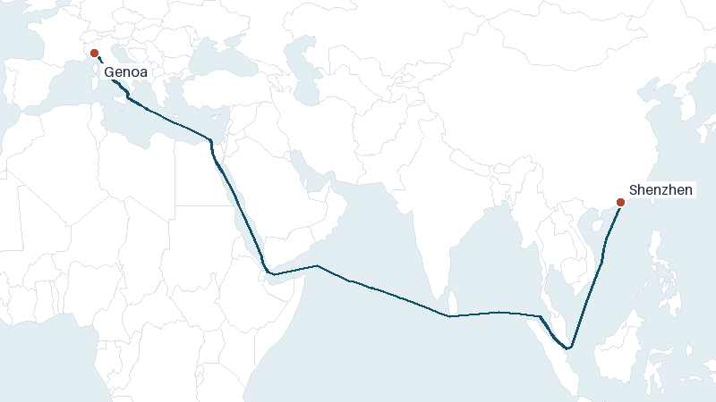Sea route map from Shenzhen to Genoa &mdash; 7966 nautical miles