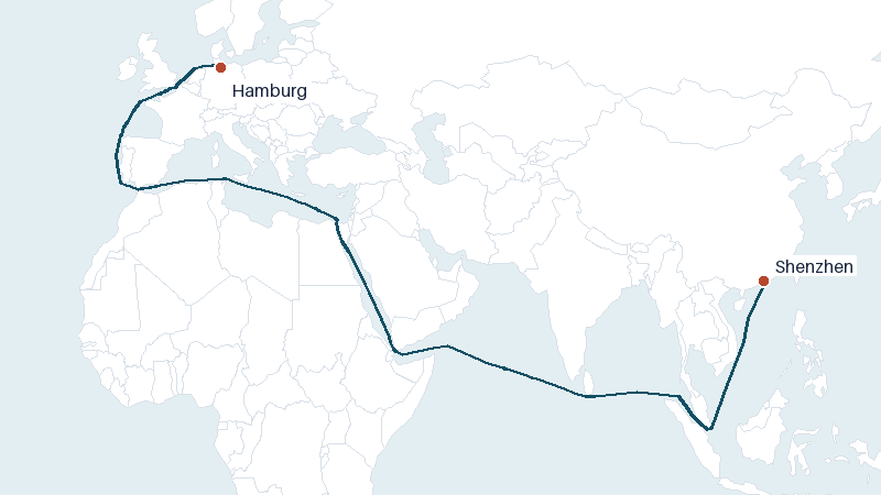 Sea route map from Shenzhen to Hamburg &mdash; 10088 nautical miles