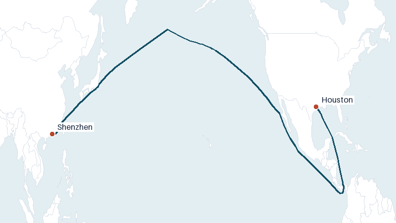 Sea route map from Shenzhen to Houston &mdash; 10884 nautical miles