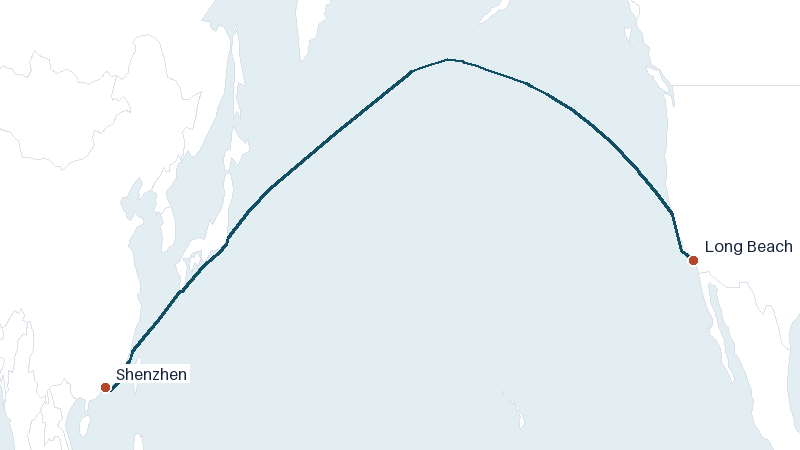 Sea route map from Shenzhen to Long Beach &mdash; 6441 nautical miles